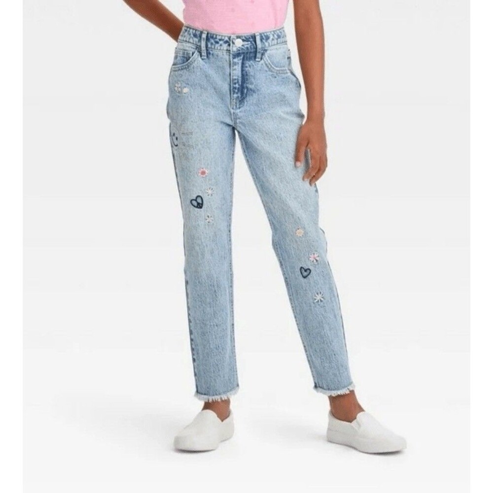 Cat & Jack Blue Medium Wash Embroidered Ankle Straight Jeans Girls Size 14